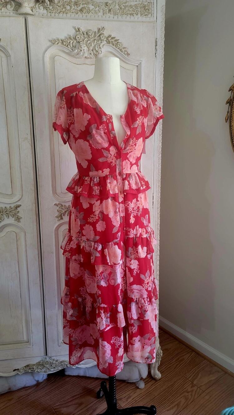 Rachel Parcell Red Floral Ruffle Button Down Midi Shirtdress Size XS
